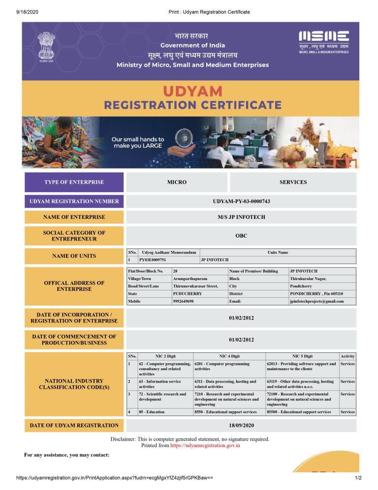 JP INFOTECH Udyam Registration Certificate