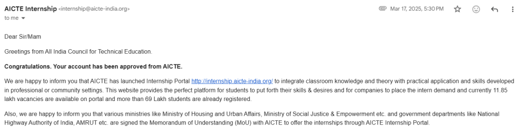 AICTE Internship Portal approved account confirmation for JP INFOTECH internship provider